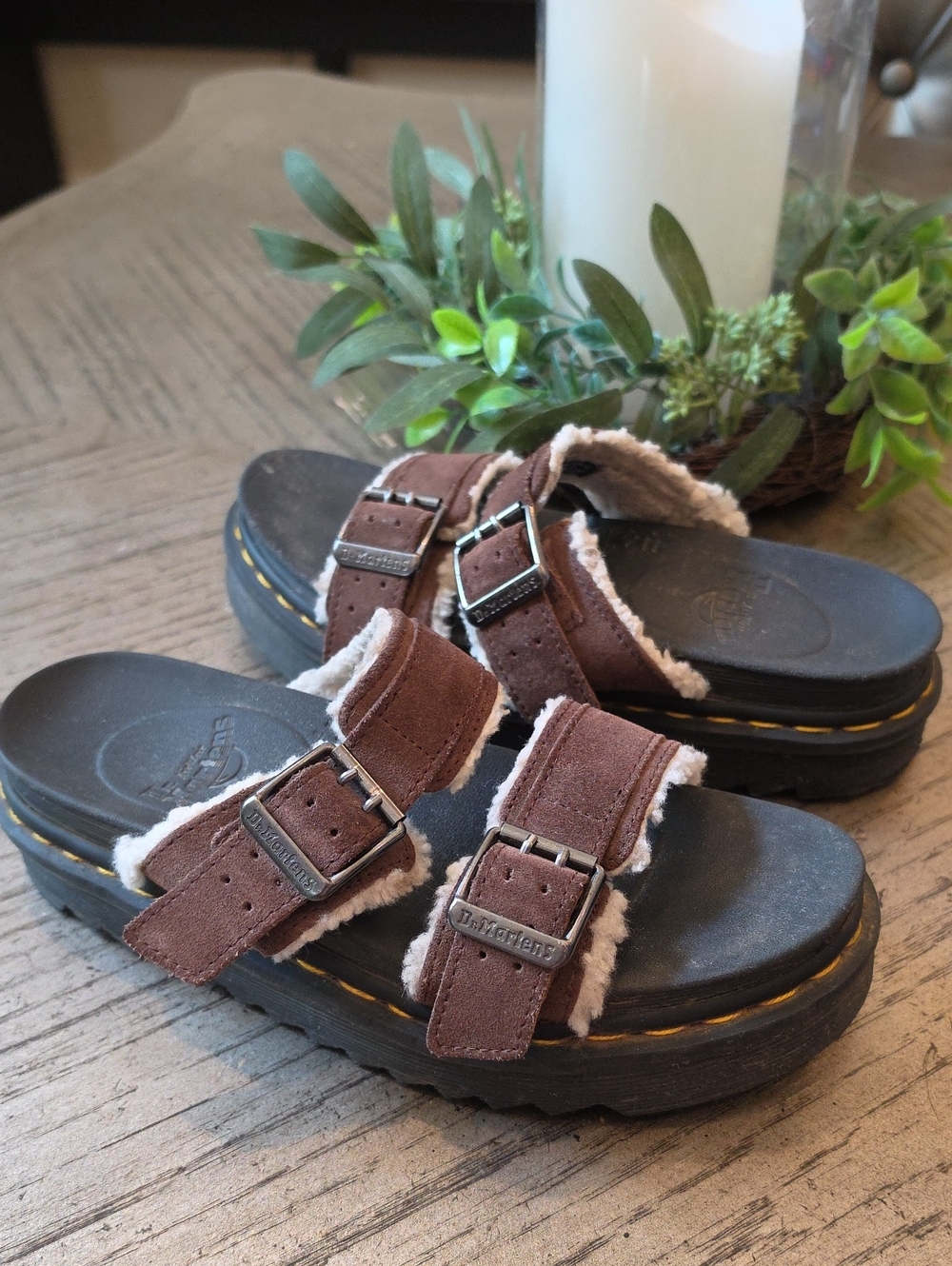 Dr. Martens Brown Suede Faux-Shearling Double Strap Sandals Size 7